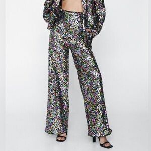 NWT NASTY GAL Rainbow Sequin Wide Leg Trousers